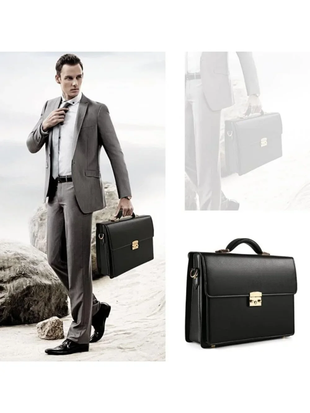 Stylish Black Leather Briefcase for Men | Locking Laptop Messenger Bag